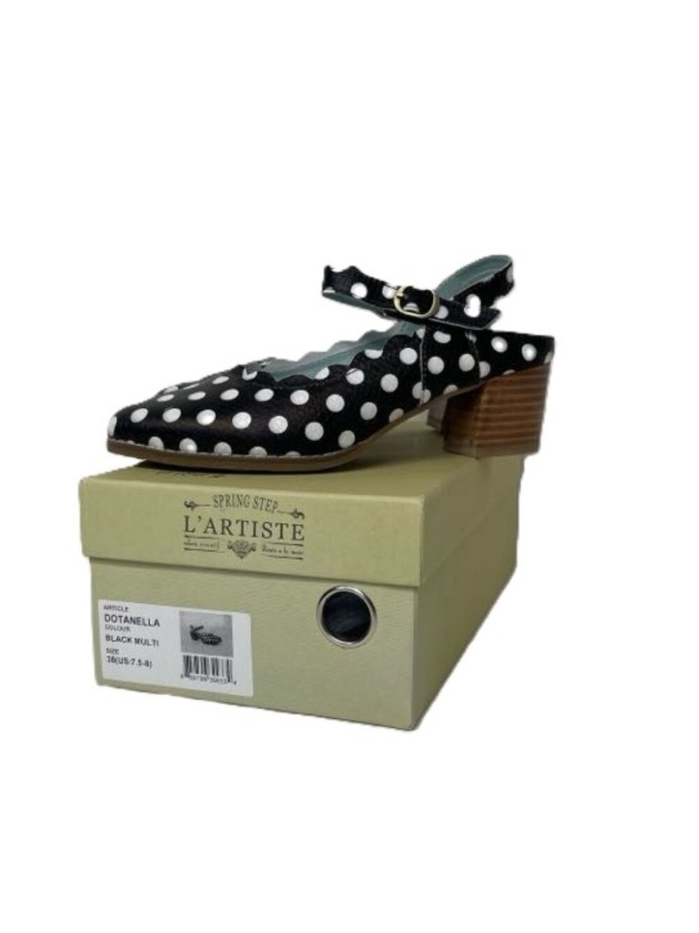 L'Artiste Spring Step Mary Jane Heels 38/7.5-8 Black White Polka Dot Rockabilly